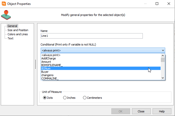 Object properties dialog. General is selected from the tree on the left. On the right, you can name the object and select the print condition from the drop down.